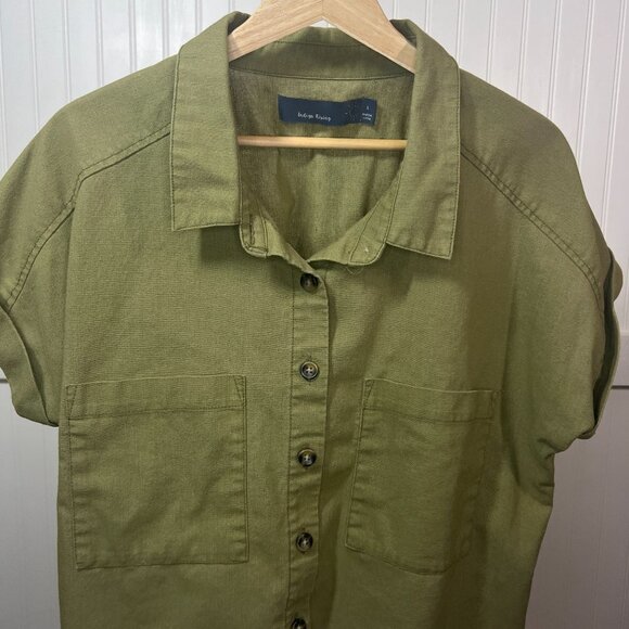Indigo Rising Women's Green Linen Blend Cropped Boxy Button Up Shirt Blouse Top - Picture 4 of 8